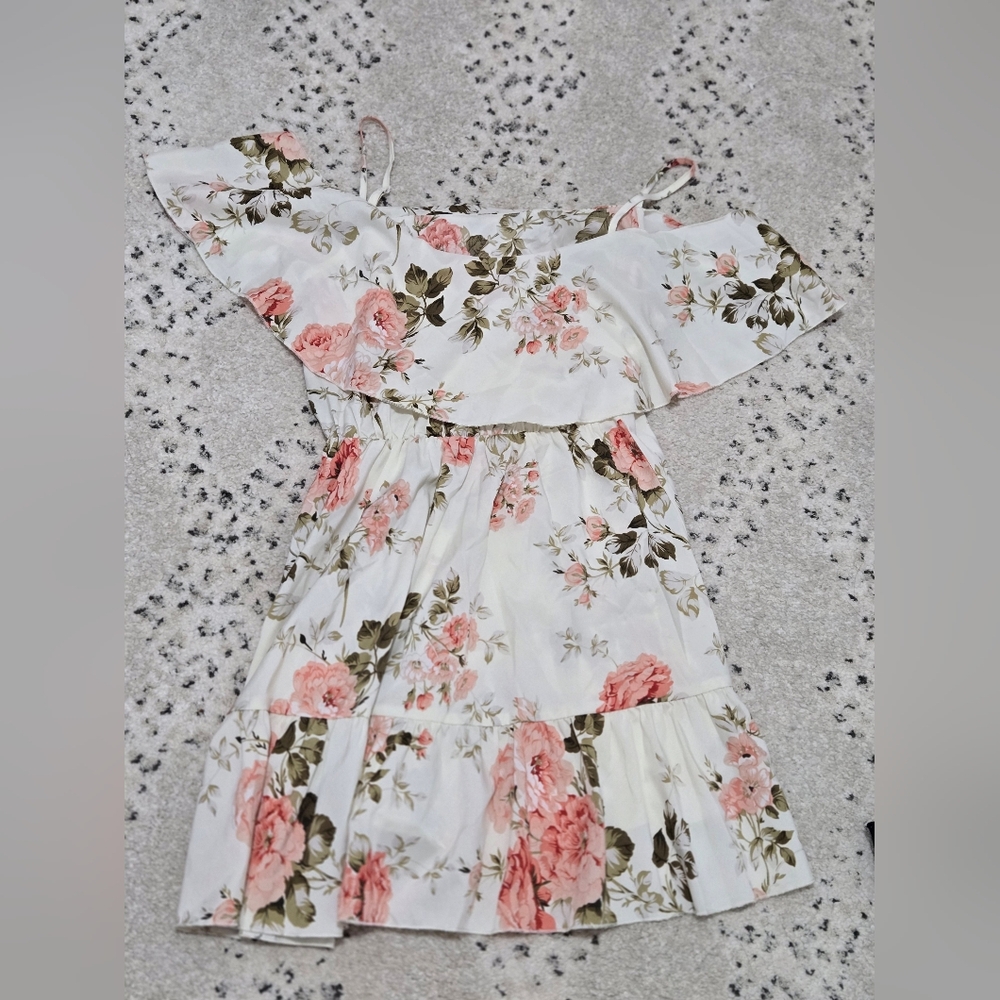 Girls' White Floral Ruffle Sundress with Pink Roses